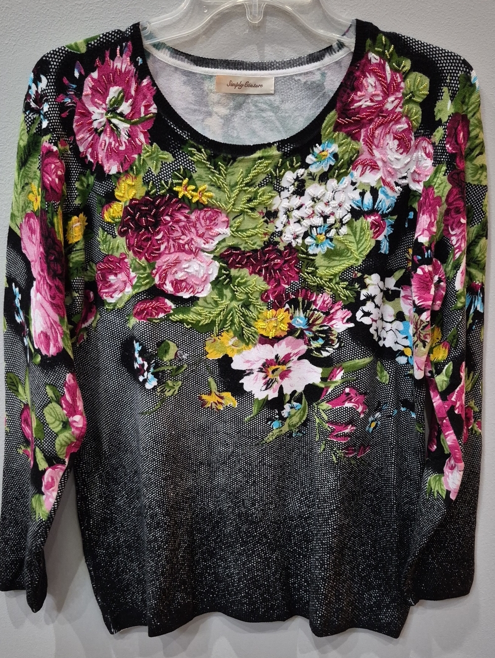 Simply Couture Black Sweater with Pink, Green & Yellow Floral Print